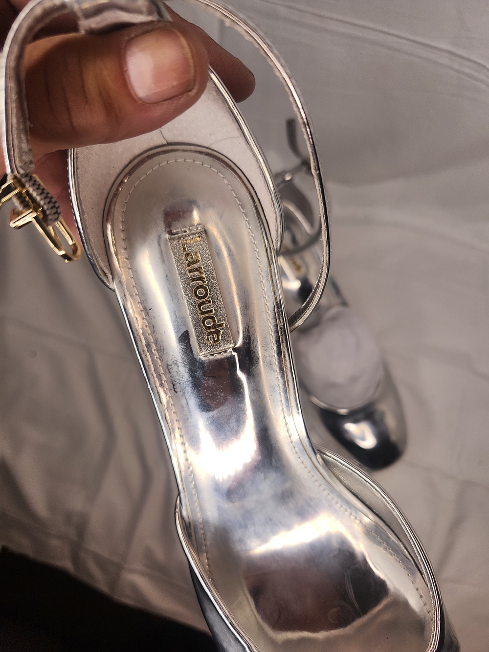 Larroude Silver Metallic Slingback Heels with Gold Buckle Accent
